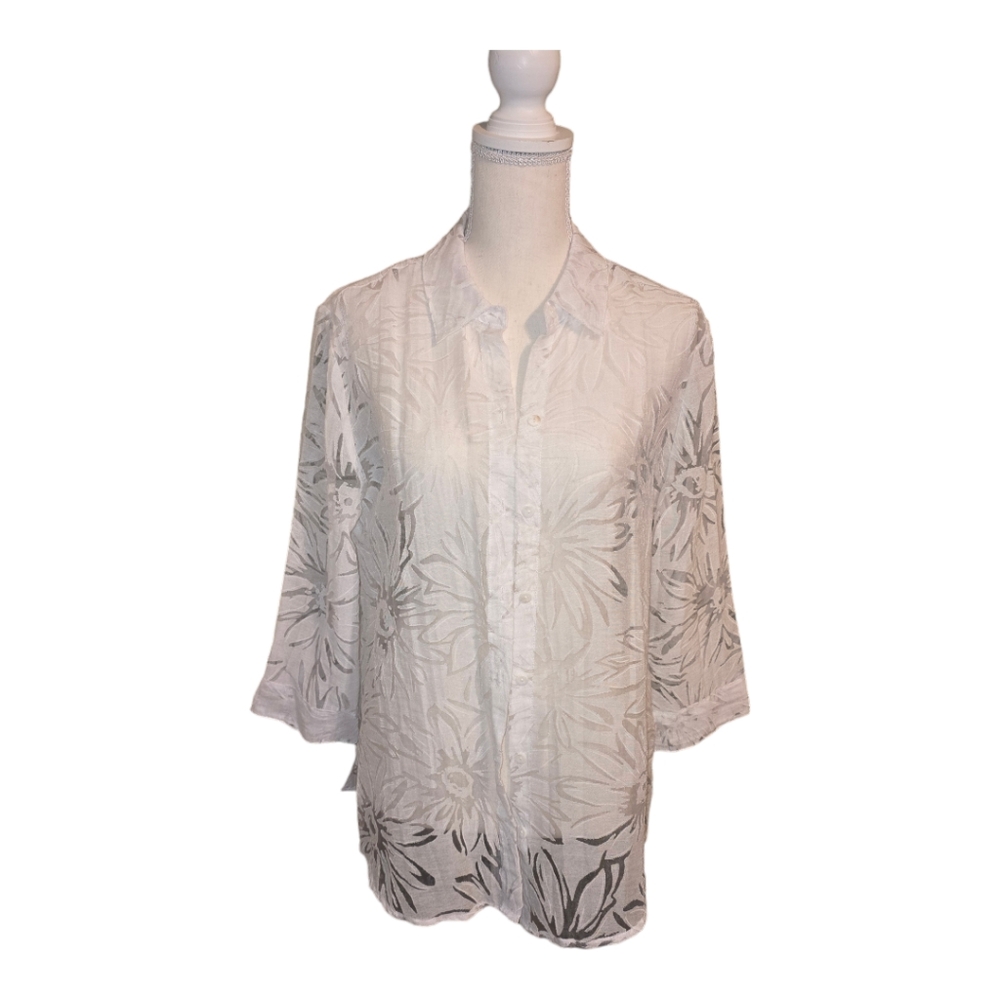 Chico's White Floral Burn Out Button Up Blouse - Size 1